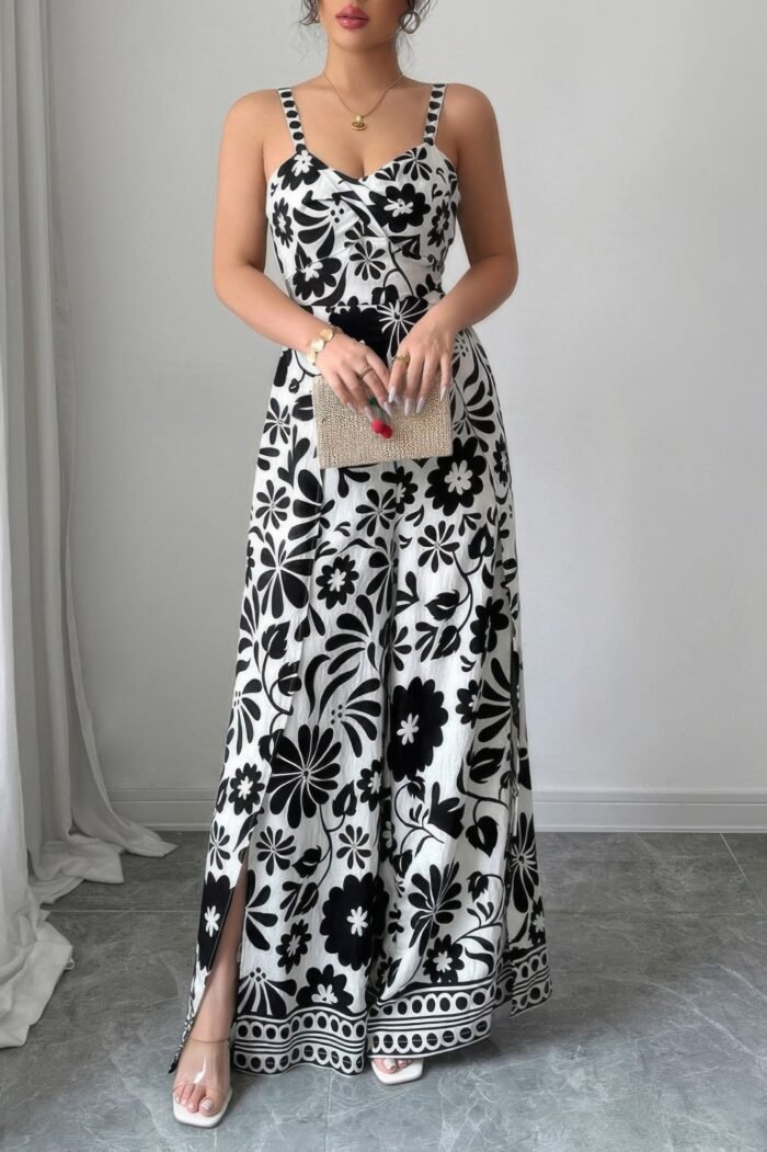 Floral print high waist split wide leg fit jumpsuit - image 14