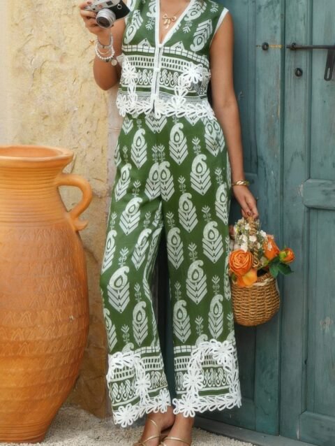 Boho Print Two Piece Sleeveless Button Lace Trim Set