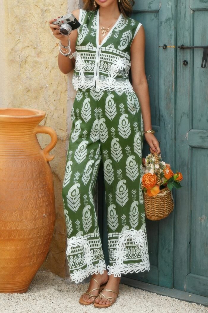 Boho Print Two Piece Sleeveless Button Lace Trim Set - Image 2
