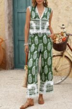 Boho Print Two Piece Sleeveless Button Lace Trim Set - Image 3