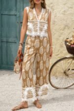 Boho Print Two Piece Sleeveless Button Lace Trim Set - Image 5