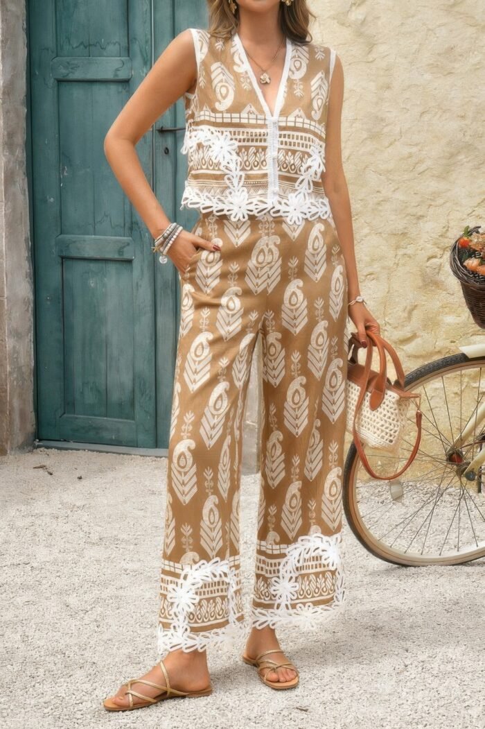 Boho Print Two Piece Sleeveless Button Lace Trim Set - Image 6