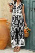 Boho Print Two Piece Sleeveless Button Lace Trim Set - Image 8