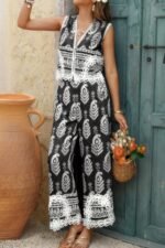 Boho Print Two Piece Sleeveless Button Lace Trim Set - Image 9