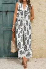Boho Print Two Piece Sleeveless Button Lace Trim Set - Image 12