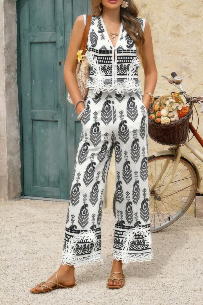 Boho Print Two Piece Sleeveless Button Lace Trim Set - Image 14