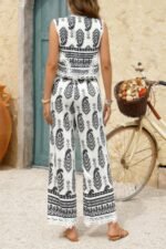 Boho Print Two Piece Sleeveless Button Lace Trim Set - Image 15