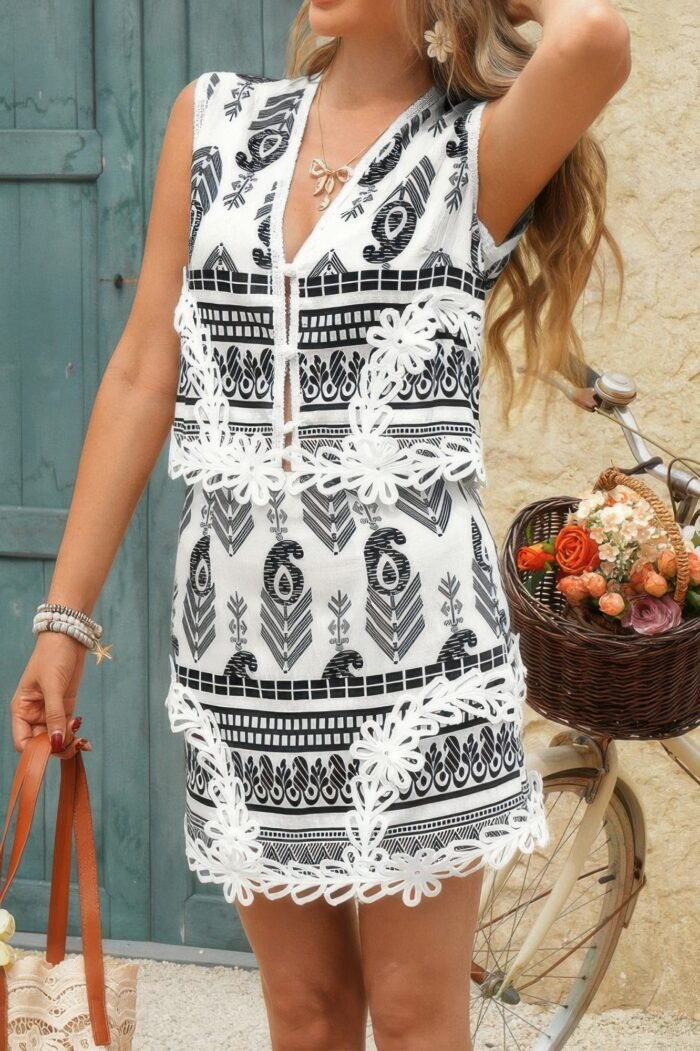 Two Piece Boho Print Sleeveless Button Lace Trim Set - Image 3