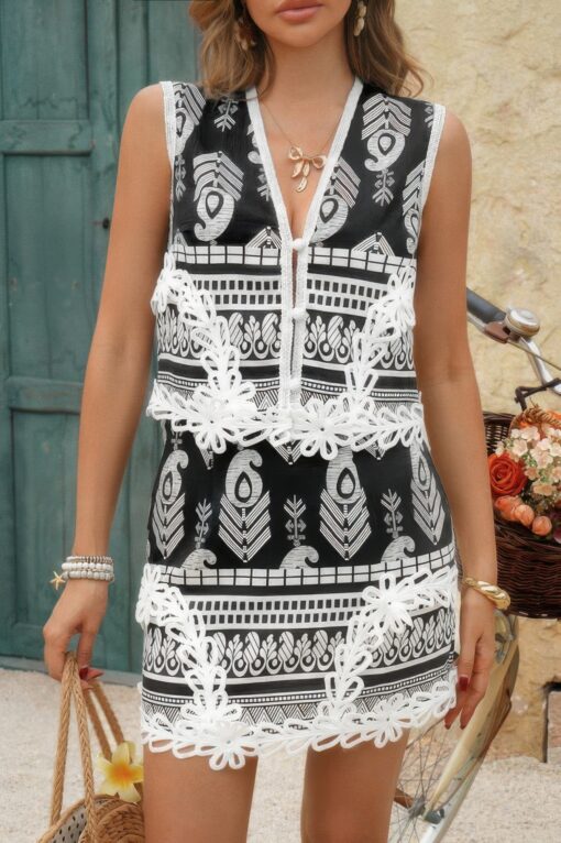 Two Piece Boho Print Sleeveless Button Lace Trim Set - Image 5
