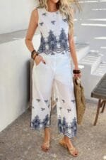 Twp Pieces Tile Inspired Embroidery Sleeveless Set