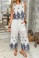 Twp Pieces Tile Inspired Embroidery Sleeveless Set