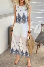 Twp Pieces Tile Inspired Embroidery Sleeveless Set