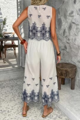 Twp Pieces Tile Inspired Embroidery Sleeveless Set Twp Pieces Tile Inspired Embroidery Sleeveless Set