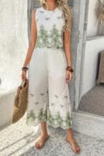 Two Piece Boho Print Sleeveless Button Lace Trim Set