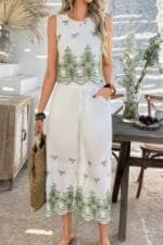 Twp Pieces Tile Inspired Embroidery Sleeveless Set