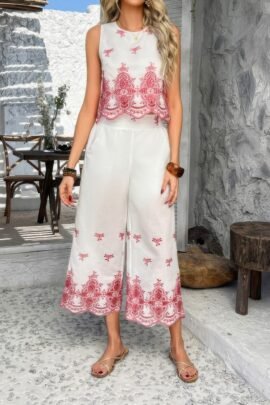 Twp Pieces Tile Inspired Embroidery Sleeveless Set Twp Pieces Tile Inspired Embroidery Sleeveless Set