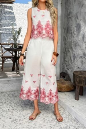 Twp Pieces Tile Inspired Embroidery Sleeveless Set