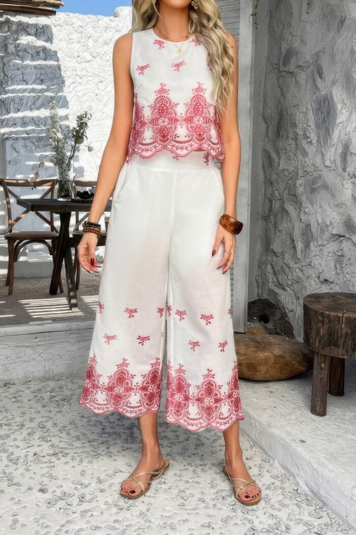 Twp Pieces Tile Inspired Embroidery Sleeveless Set - Image 9