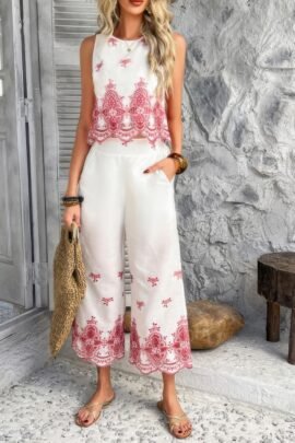 Twp Pieces Tile Inspired Embroidery Sleeveless Set Twp Pieces Tile Inspired Embroidery Sleeveless Set