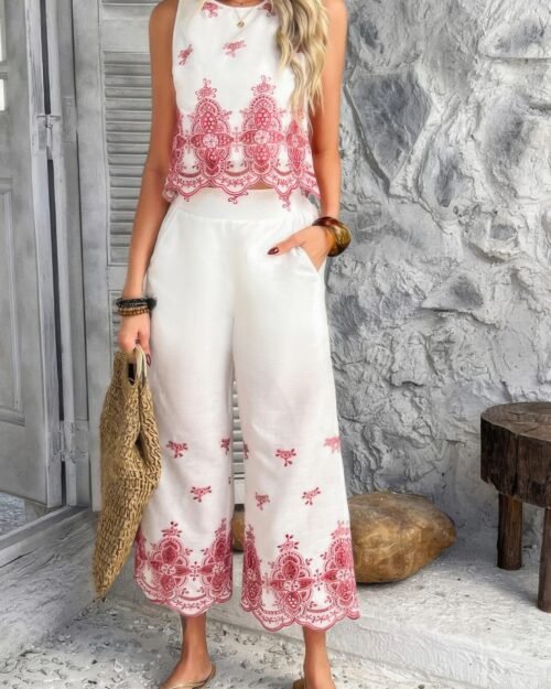 twp pieces tile inspired embroidery sleeveless set