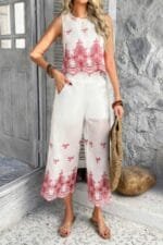 Twp Pieces Tile Inspired Embroidery Sleeveless Set