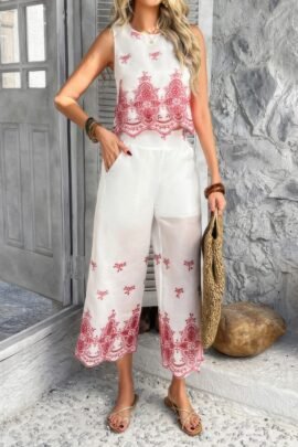 Twp Pieces Tile Inspired Embroidery Sleeveless Set Twp Pieces Tile Inspired Embroidery Sleeveless Set