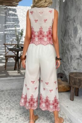 Twp Pieces Tile Inspired Embroidery Sleeveless Set Twp Pieces Tile Inspired Embroidery Sleeveless Set
