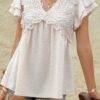 V Neck Lace Cutwork Flock Dot Ruffle Shirt