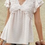 V Neck Lace Cutwork Flock Dot Ruffle Shirt