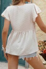 V Neck Lace Cutwork Flock Dot Ruffle Shirt