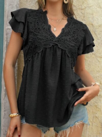 V Neck Lace Cutwork Flock Dot Ruffle Shirt V Neck Lace Cutwork Flock Dot Ruffle Shirt