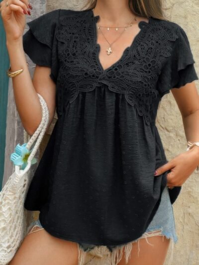 V Neck Lace Cutwork Flock Dot Ruffle Shirt V Neck Lace Cutwork Flock Dot Ruffle Shirt