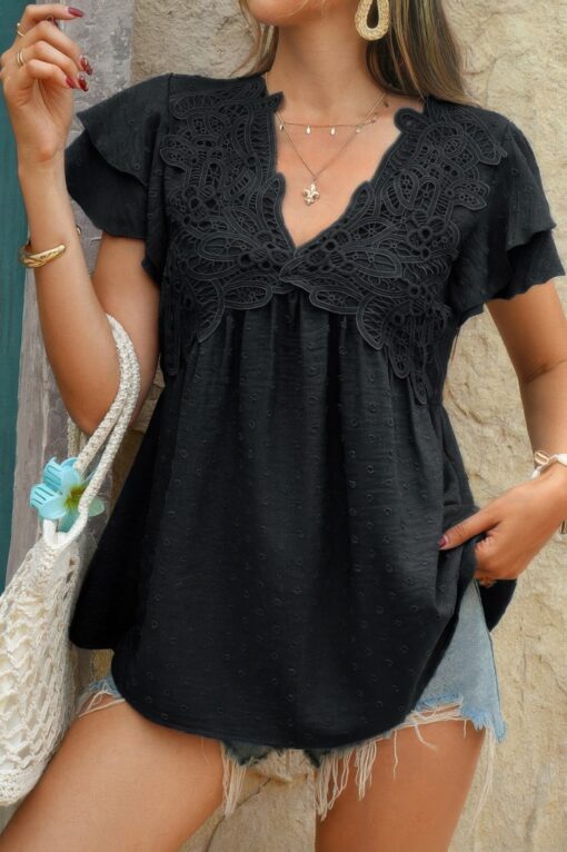 V Neck Lace Cutwork Flock Dot Ruffle Shirt - Image 5