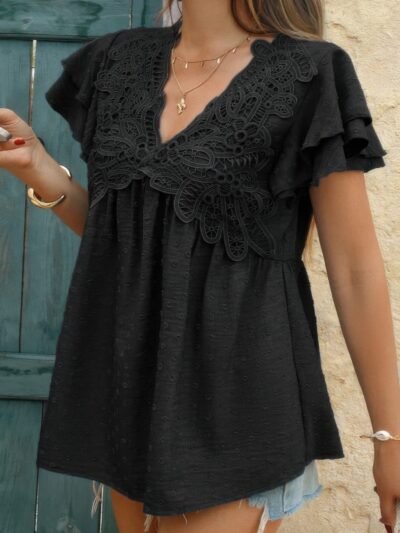 V Neck Lace Cutwork Flock Dot Ruffle Shirt V Neck Lace Cutwork Flock Dot Ruffle Shirt