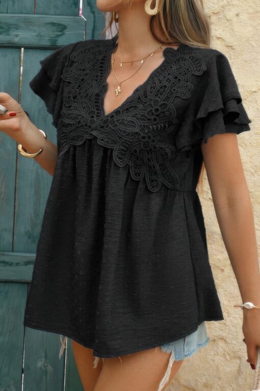V Neck Lace Cutwork Flock Dot Ruffle Shirt - Image 6