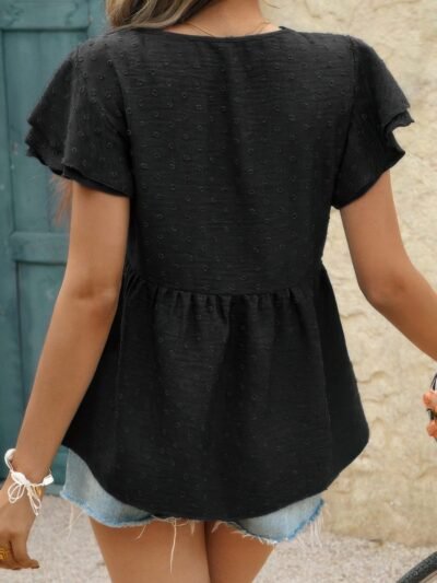 V Neck Lace Cutwork Flock Dot Ruffle Shirt V Neck Lace Cutwork Flock Dot Ruffle Shirt
