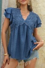 V Neck Lace Cutwork Flock Dot Ruffle Shirt