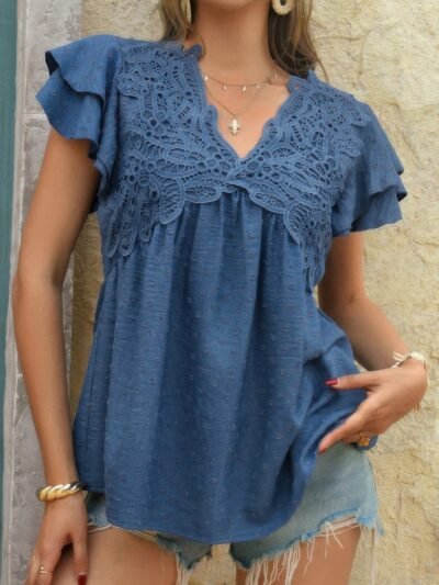 V Neck Lace Cutwork Flock Dot Ruffle Shirt V Neck Lace Cutwork Flock Dot Ruffle Shirt