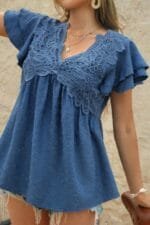 V Neck Lace Cutwork Flock Dot Ruffle Shirt