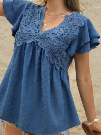 V Neck Lace Cutwork Flock Dot Ruffle Shirt V Neck Lace Cutwork Flock Dot Ruffle Shirt