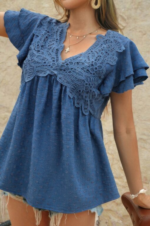 V Neck Lace Cutwork Flock Dot Ruffle Shirt - Image 10