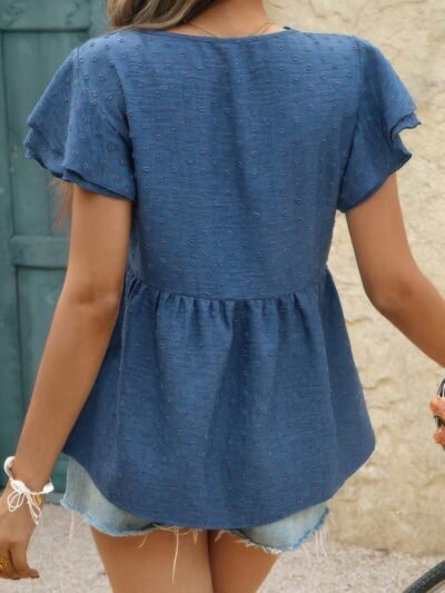 V Neck Lace Cutwork Flock Dot Ruffle Shirt V Neck Lace Cutwork Flock Dot Ruffle Shirt