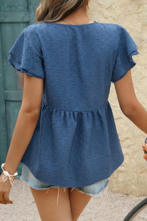 V Neck Lace Cutwork Flock Dot Ruffle Shirt - Image 11