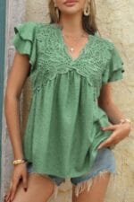 V Neck Lace Cutwork Flock Dot Ruffle Shirt
