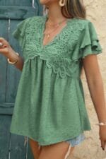 V Neck Lace Cutwork Flock Dot Ruffle Shirt