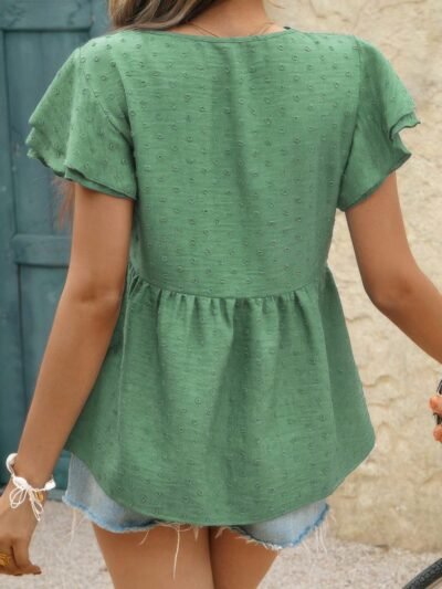 V Neck Lace Cutwork Flock Dot Ruffle Shirt V Neck Lace Cutwork Flock Dot Ruffle Shirt