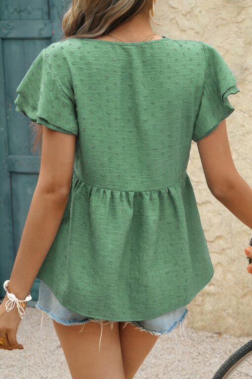 V Neck Lace Cutwork Flock Dot Ruffle Shirt - Image 14