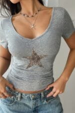 Elastic Leopard Star Short Sleeve Fit T Shirt