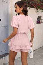 Solid V Neck Knot Puff Sleeves Ruffle Hem Romper