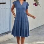 Solid V Neck Color Block Ruffle Hem Loose Dress